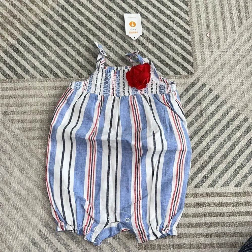 Gymboree Baby Girl Blue Red Striped Smocked Romper NWT 6-9M